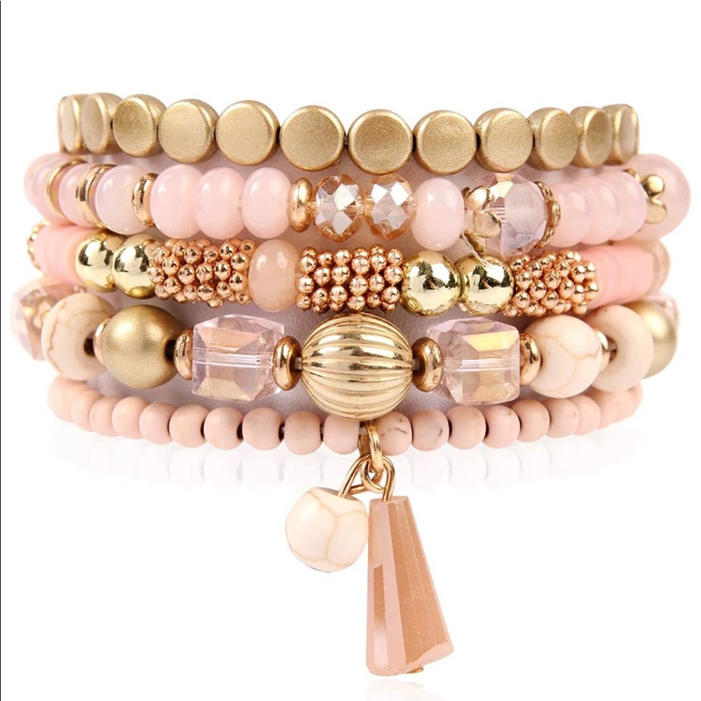 Stacked Bracelets (5) Natural Pink Tassel Charms